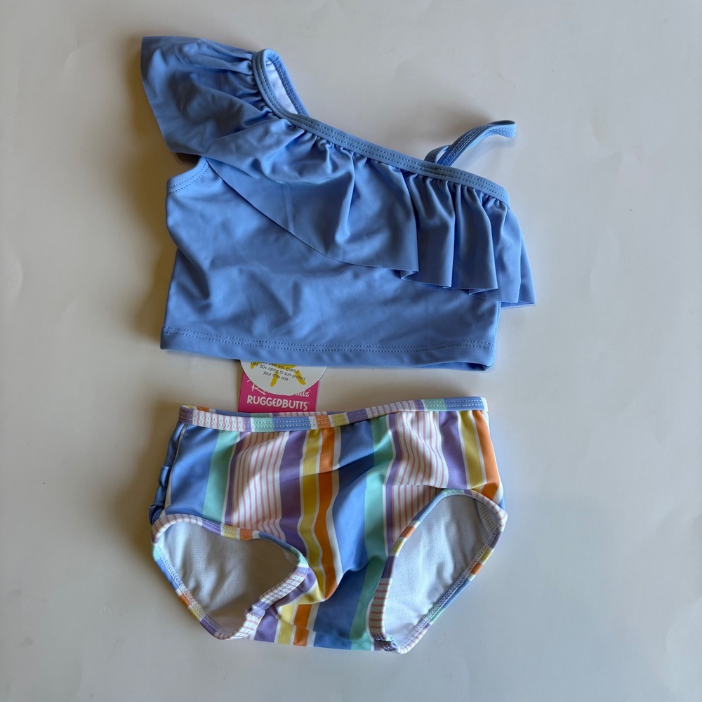 Rufflebutts Infant Girls 12-18M Rainbow Lane Stripe One Shoulder Ruffle Tankini